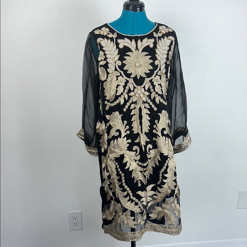 AghaNoor Black and Gold Beaded Traditional Dress with Bishop Sleeves